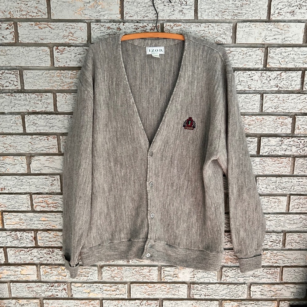 Izod Mens Cardigan‎ Sweater Grey Knit Button Front Logo V-Neck 30740 L